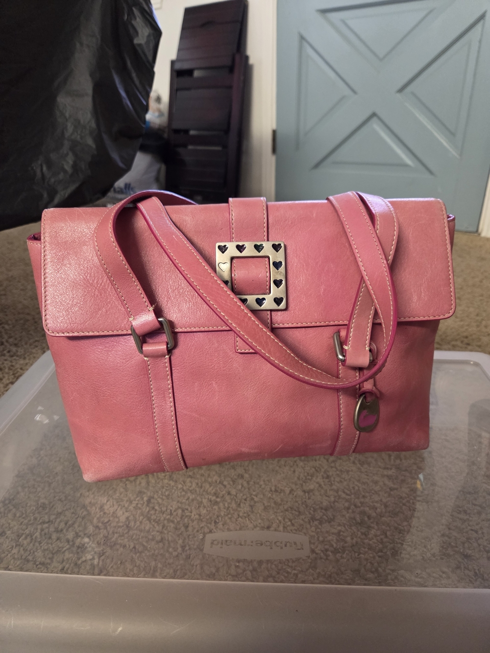 DOONEY & BOURKE Pink Leather Hearts Buckle Flap Shoulder Hand bag Y2K Vintage